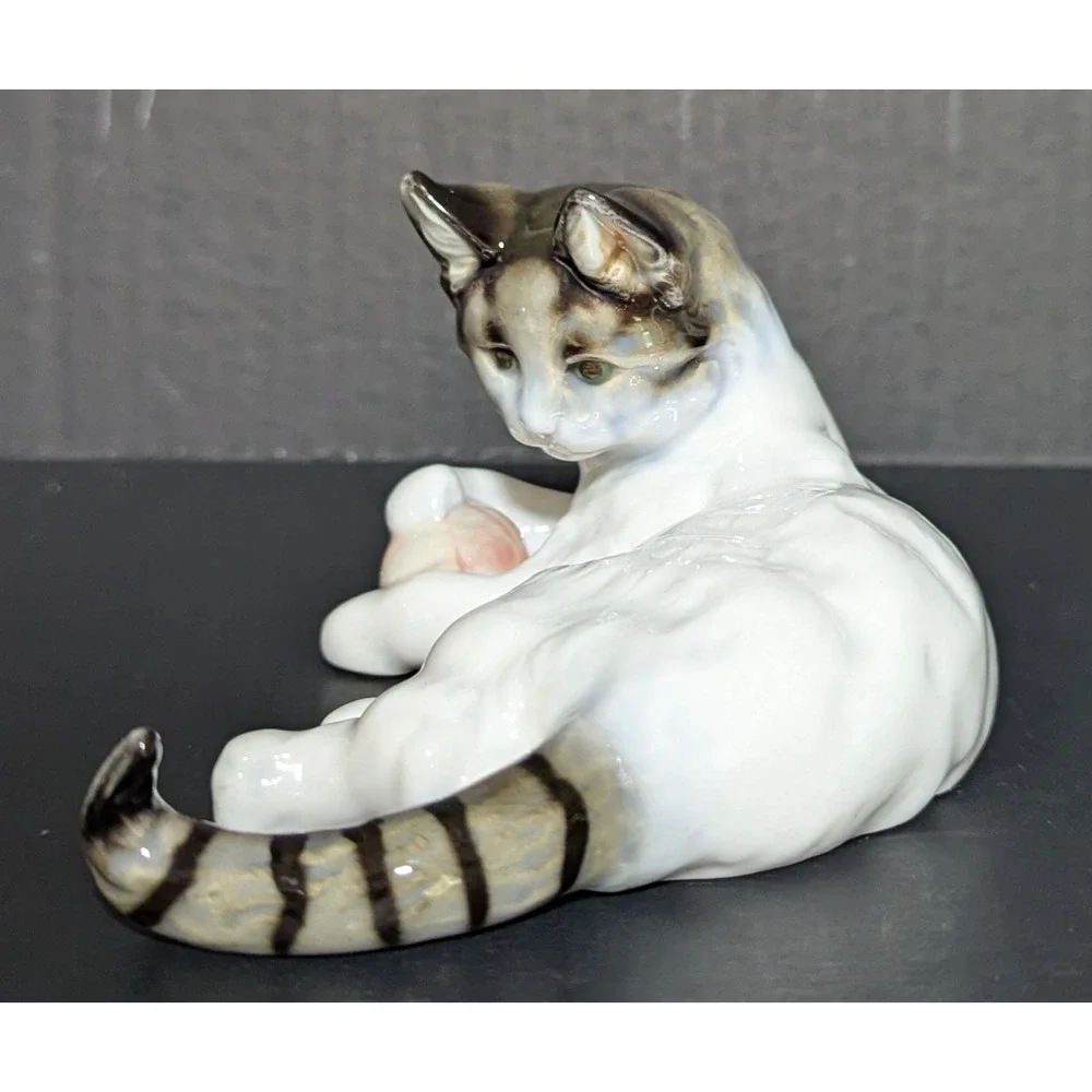 Sweet Porcelain Cat With Ball Numbered Figurine Hand-Painted High Gloss Finish